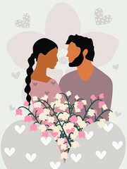 A girl and a guy in lilies of the valley and hearts. Valentine's Day holiday. Romantic pastel card for printing on cups, pillows, covers, gliders. Vector illustration.