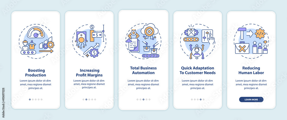 Aufkleber industry 4.0 goals onboarding mobile app page screen with concepts. boosting production, business au