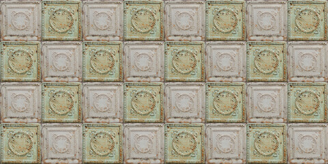 Old decorative painted tin ceiling tiles. Seamless pattern. 