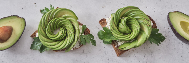 Fresh avocado rose toasts with cream cheese