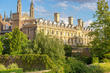 Panoramic view of Clare's college at beautiful sunny day in Cambridge, England