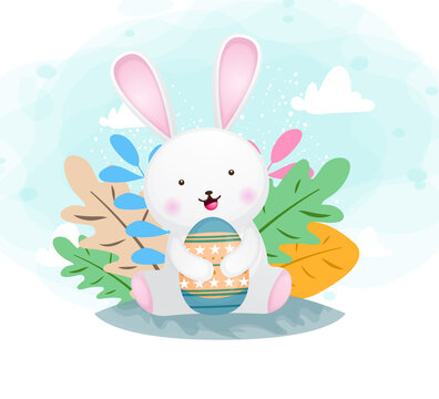 Cute happy smiling bunny hugging easter egg