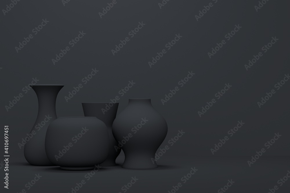 Poster black abstract background with vases. 3d rendering