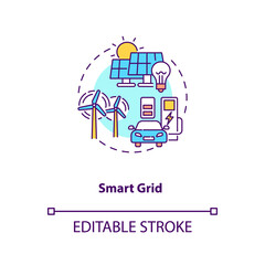 Smart grid concept icon. Cyber-physical systems application idea thin line illustration. Electricity network. Renewable energy resources. Vector isolated outline RGB color drawing. Editable stroke