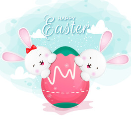 Happy easter with cute couple bunny and egg for easter day