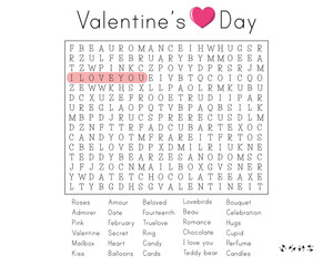 St. Valentine's Day word search puzzle. Educational game for learning English. Activity worksheet for children and adults. Find hidden words about love. Vector illustration