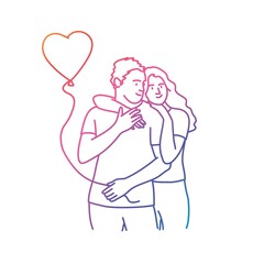 Cute girl hugs a young man holding a heart-shaped balloon in his hand. Colorful line. Vector illustration.