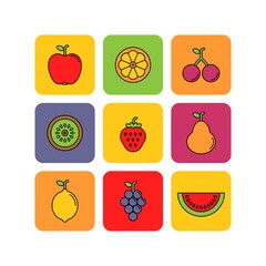 Fruits and berries flat vector icons set