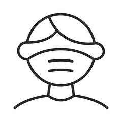 Man face with medical mask icon. Person wear a mask to avoid Covid-19. Safety industrial breathing safety mask, dust protection respirator. Vector thin line illustration isolated. Editable stroke