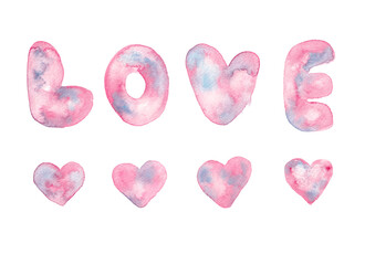 Love with hearts - pink and bue watercolor lettering, hand drawn painting isolated on white background