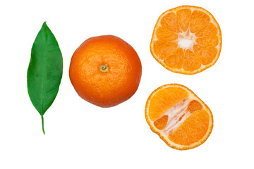 Tangerine and slices isolated on a white background, clipping path, top view