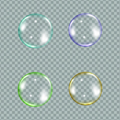 Flying transparent soap bubbles on checkered background.Reaistic colored balls.Vector texture.