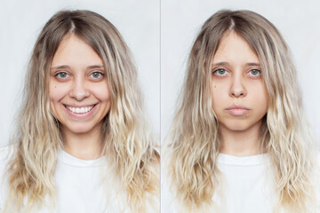 2 portrait of a caucasian beautiful blond girl with wavy hair in a white t-shirt: cheerful and sad....