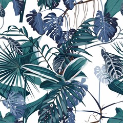 Tropical night vintage pattern, palm tree leaves and exotic plant  seamless border on white background. Exotic jungle wallpaper.