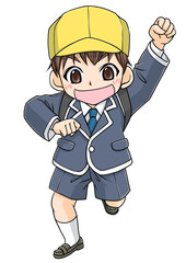 黒いランドセルを背負って左手を挙げて走る男の子