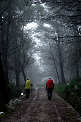 couple of mountaineers walking on a path with fog, dark landscape with traces of snow