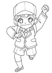 黒いランドセルを背負って左手を挙げて走る男の子の線画