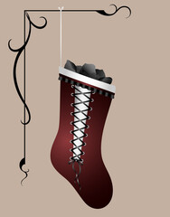 A red corset style naughty Christmas stocking with coal inside
