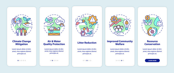 Organic waste reduction benefits onboarding mobile app page screen with concepts. Climate change mitigation walkthrough 5 steps graphic instructions. UI vector template with RGB color illustrations