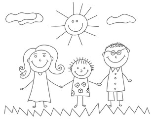 Happy family kids doodle. Kid drawing with family. Illustration of happy cartoon family with child. Vector image of happy family, sun, grass and clouds