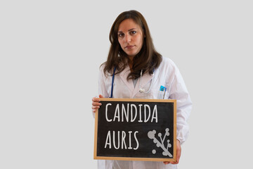 Female doctor holds blackboard with candida auris written on it. Candida auris is the new world...