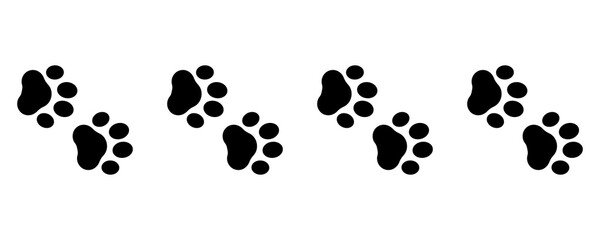 Cute animal. Foot dog seamless pattern. Footprint graphic. Pet outline. Repeated pattern trail cat. Paw prints for design service print. Foots border isolated on white background. Shape paw. Vector