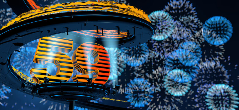 Number 59 formed by a yellow structure on a round metal platform illuminated by reflectors surrounded by a metal spiral structure with a background of blue fireworks. 3D Illustration