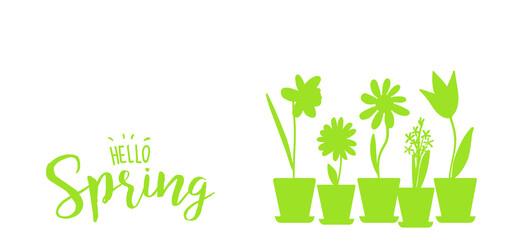 Hand-drawn template with flowers in flowerpots. Silhouette. Vector illustration