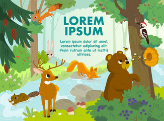 Obraz na płótnie Canvas Cartoon vector animals that live in the forest. Forest fauna. Forest inhabitants. Bear stealing honey. Woodpecker hollows the hollow.