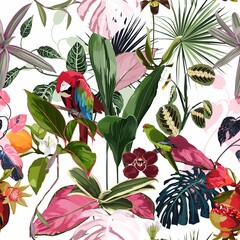 Fototapety  Tropikalny kwiatowy nadruk. Papuga ptak w dżungli z kolorowymi liśćmi, owocami i kwiatami w ciemnym egzotycznym lesie, wzór na modę, tapetę i wszystkie nadruki na białym tle.