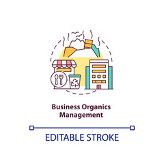 Fototapeta premium Business organics management concept icon. Pre-consumer, postconsumer material reuse idea thin line illustration. Leftovers in restaurants. Vector isolated outline RGB color drawing. Editable stroke