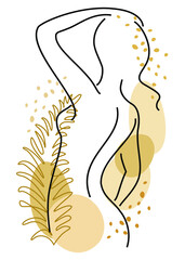 Silhouette of a beautiful lady. The girl is slim and elegant. Near it there are green leaves. Suitable for cosmetics advertising. Vector illustration.