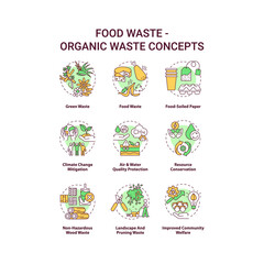 Food waste concept icons set. Organic waste idea thin line RGB color illustrations. Food-soiled paper. Climate change mitigation. Quality protection. Vector isolated outline drawings. Editable stroke