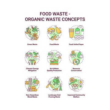 Food waste concept icons set. Organic waste idea thin line RGB color illustrations. Food-soiled paper. Climate change mitigation. Quality protection. Vector isolated outline drawings. Editable stroke
