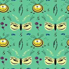 seamless pattern with bee, flowers, butterly