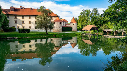Beautiful castle by river. Spring, summer, landscape, landmark. Otocec, Slovenia.