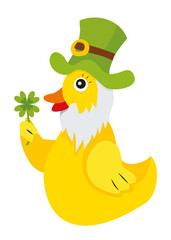 Yellow rubber leprechaun duck with green hat and four-leaf clover and St. Patrick's Day