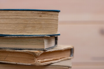 A bunch of old, antique books. Book pages. Close-up