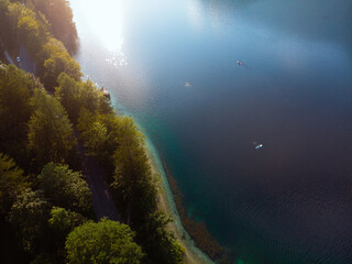 Breathtaking view of the famous Bohinj lake from above. Beautiful view ot the Triglav mountains, Triglav national park, and the church of St John the Baptist,.Slovenia, Europe