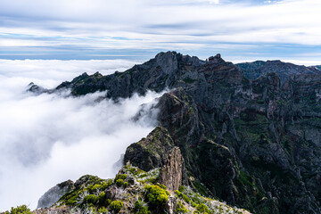 Beautiful mountain scenery near the mountain peak Pico Ruivo on Madeira Island - Cloud covered mountain landscape