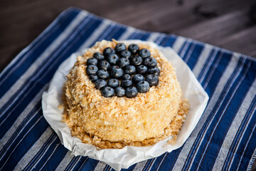 homemade cake decorated with crumbs and blueberries on a dark background