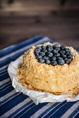 homemade cake decorated with crumbs and blueberries on a dark background