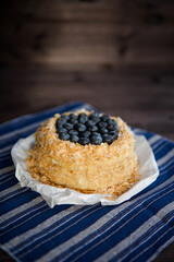 homemade cake decorated with crumbs and blueberries on a dark background