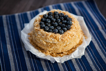 homemade cake decorated with crumbs and blueberries on a dark background