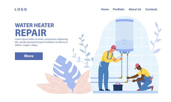 Diverse Plumbers Repairing Or Installing Water Heater Or Boiler. Home Repair, Maintenance And Plumbing Services Concept. Flat Cartoon Vector Illustration. Website, Webpage, Landing Page Template