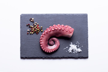 stew octopus tentacles on a stone plate on white background .Top view.