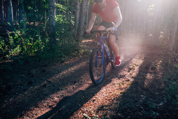 Fototapeta na wymiar Biker riding his bike on a dirt trail through the woods, Xtreme cycling.