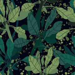Seamless tropical pattern with exotic palm leaves and various plants on dark background.