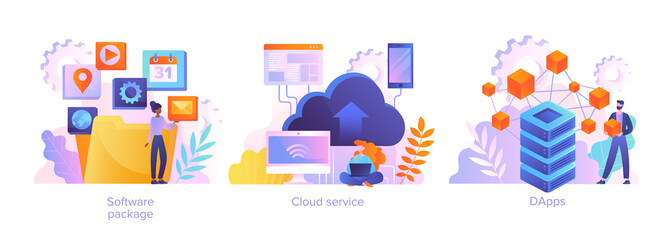 Cloud software service abstract concept. DApps technology, packaged software, decentralized application, cloud computing, subscription abstract metaphor. Set of flat cartoon vector illustrations