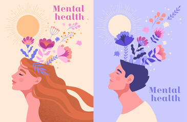 Mental health, happiness, harmony creative abstract concept. Happy male and female heads with flowers inside. Mindfulness, positive thinking, self care idea. Set of flat cartoon vector illustrations